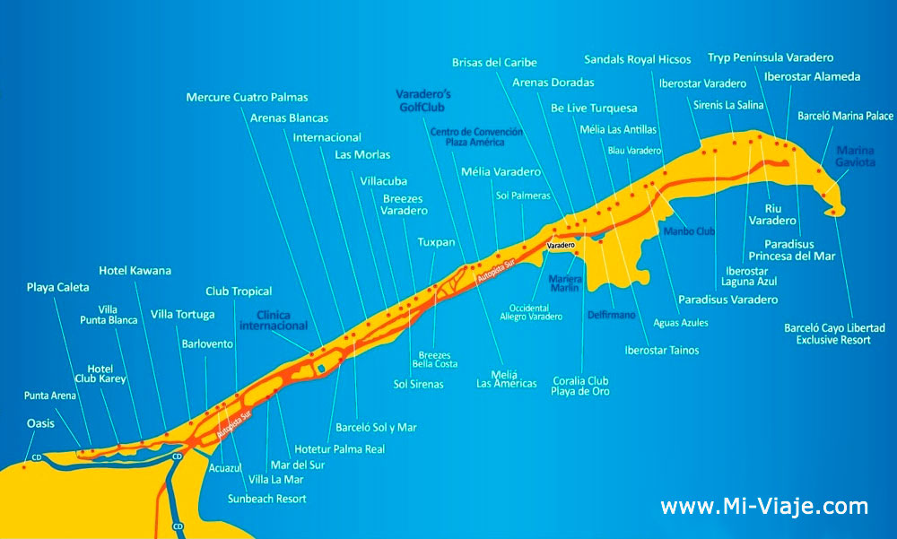 Mapa de ubicación de Hoteles en Varadero Cuba